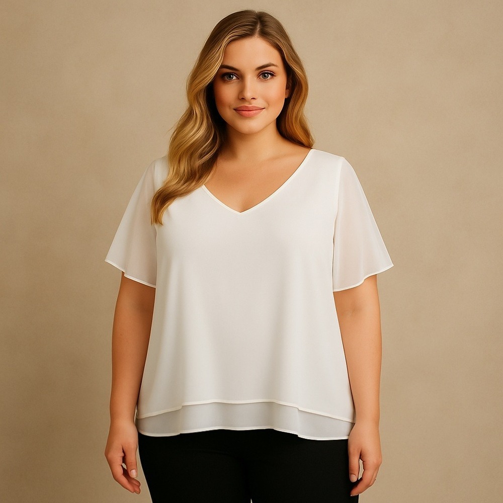 Nina Leonard Women's 1X White V-Neck Layered Short Sleeve Tunic Top Blouse